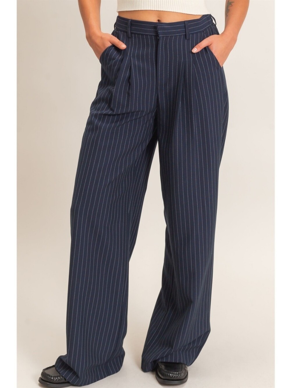 Double Zero Navy Pinstripe Pleated Wide Leg Tailored Preppy Trousers
